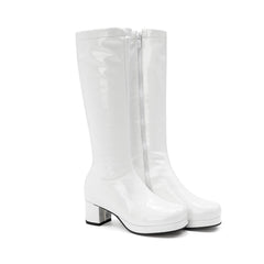 Polished Round Toe Platform Chunky Heel Mid Calf Boots - White