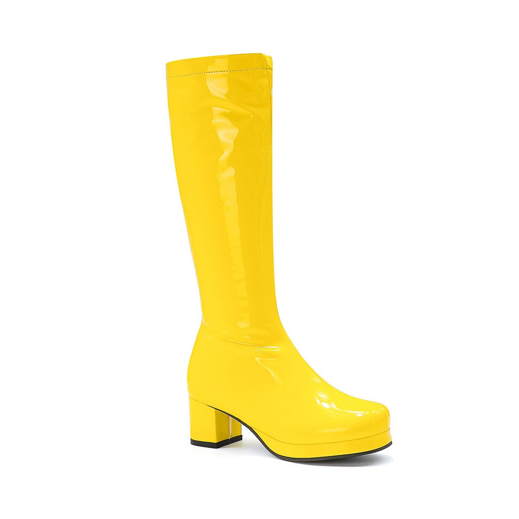 Polished Round Toe Platform Chunky Heel Mid Calf Boots - YelLow