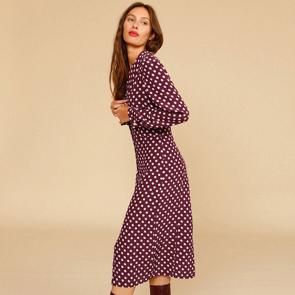 Polka Dot Long Sleeve Pearl Button V Neck Midi Dress - Burgundy