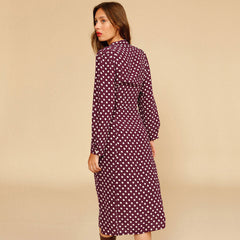 Polka Dot Langarm Perlenknopf V-Ausschnitt Midikleid - Burgund