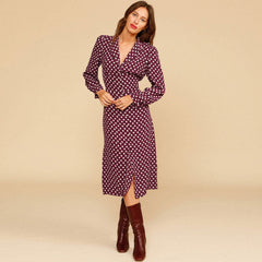 Polka Dot Long Sleeve Pearl Button V Neck Midi Dress - Burgundy