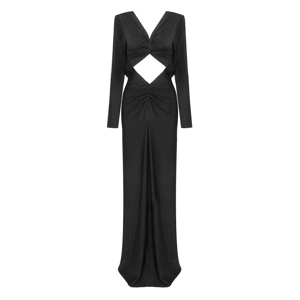 Posh Draped Plunge Twist CutOut Padded Long Sleeve Ruched Maxi Evening Dress