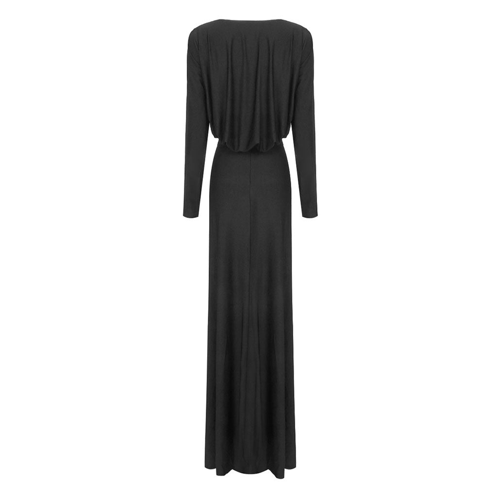 Posh Draped Plunge Twist CutOut Padded Long Sleeve Ruched Maxi Evening Dress