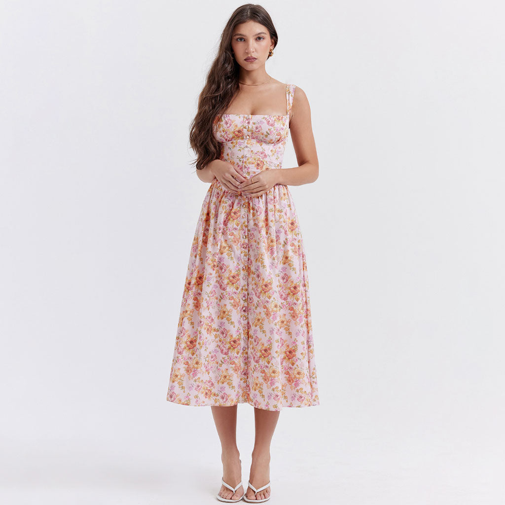 Prairie Printed Square Neck Button Detail Drop Waist Lace Up Back Midi Floral SunDress