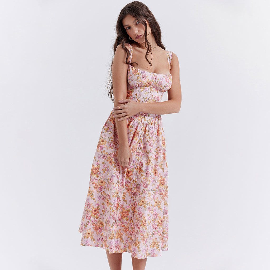 Prairie Printed Square Neck Button Detail Drop Waist Lace Up Back Midi Floral SunDress