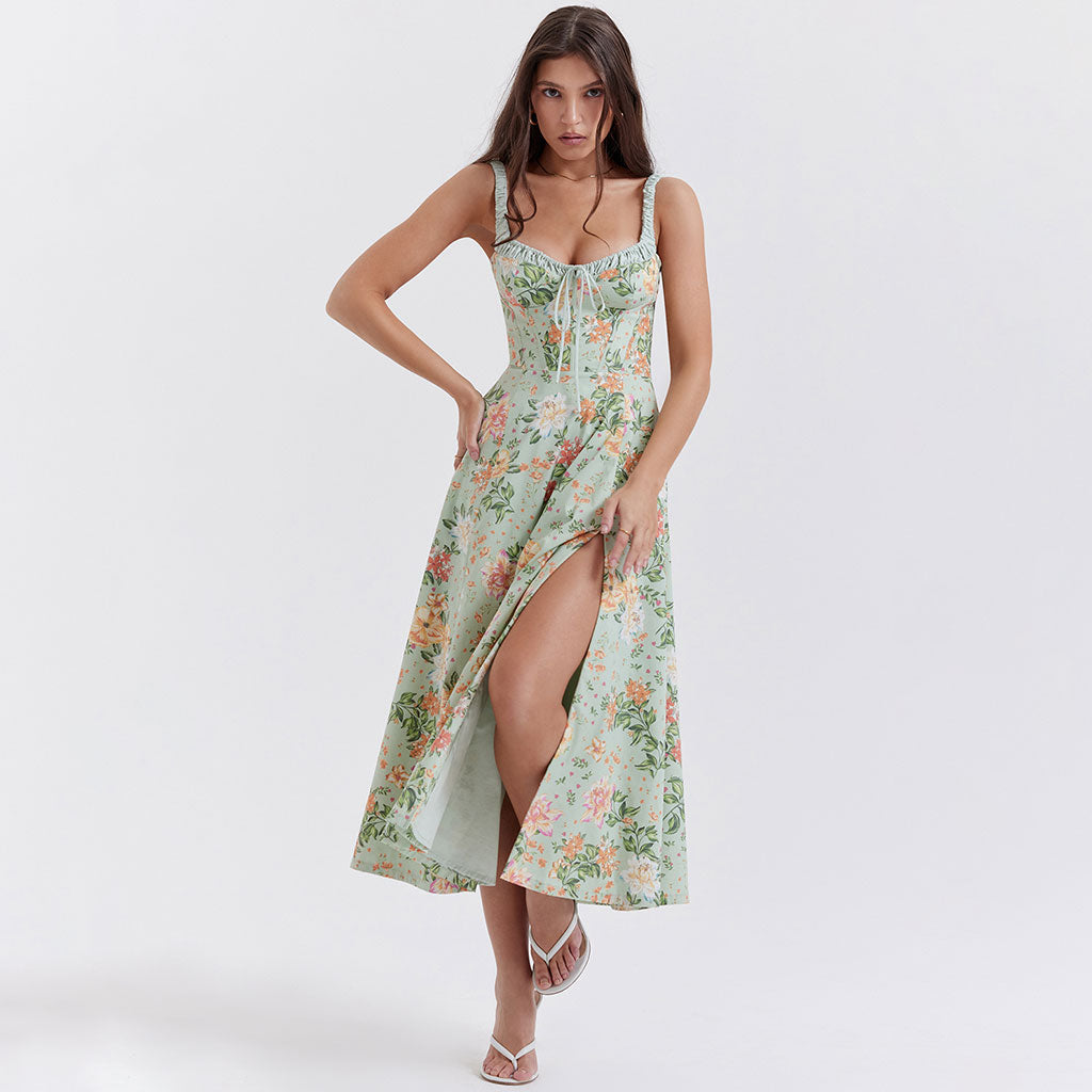 Bustier mit Prärie-Print, Krawattenhals, gerüschten Trägern, figurbetontes und ausgestelltes Midi-Sommerkleid mit Blumenmuster