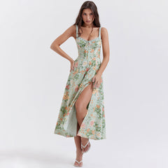 Prairie Printed Tie Neck Bustier Ruched Strap Fit and Flare Split Midi Floral SunDress