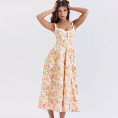 Prairie Printed Tie Neck Bustier Ruched Strap Fit and Flare Split Midi Floral SunDress