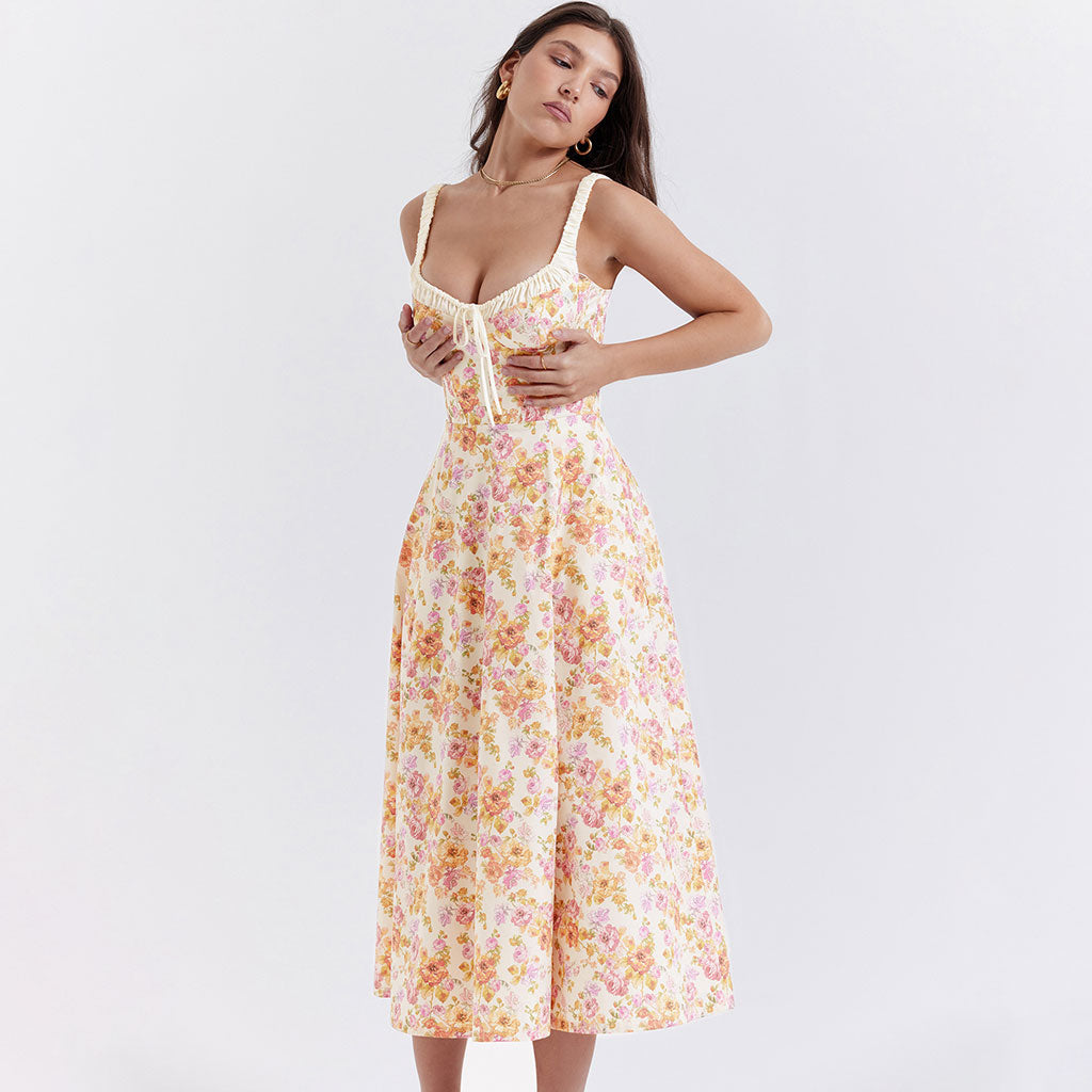 Prairie Printed Tie Neck Bustier Ruched Strap Fit and Flare Split Midi Floral SunDress