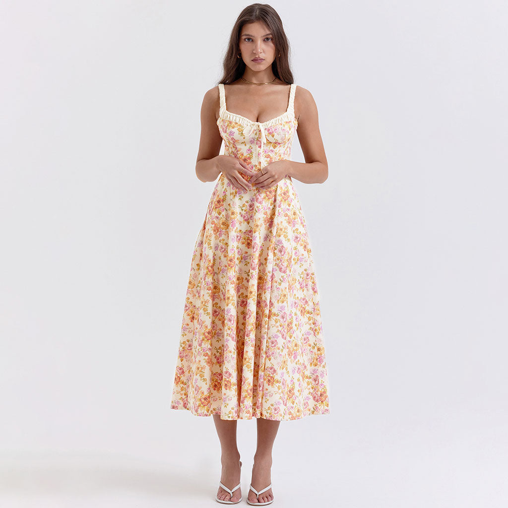 Prairie Printed Tie Neck Bustier Ruched Strap Fit and Flare Split Midi Floral SunDress