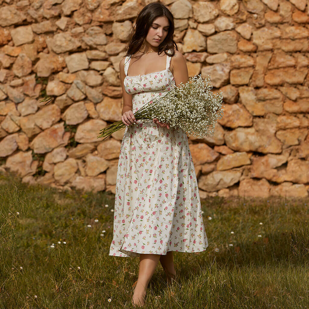 Prairie Style Square Neck Bustier Button Trim Drop Waist Side Pocket Midi SunDress