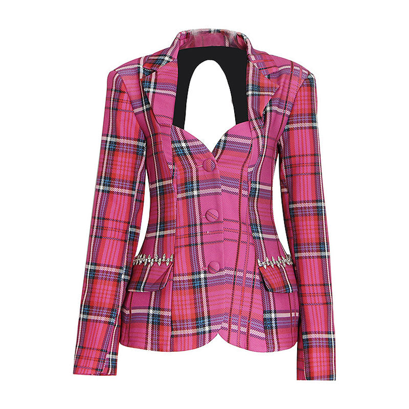 Preppy Sweetheart Kristallverzierter CutOut Karierter Peplum Blazer - Pink