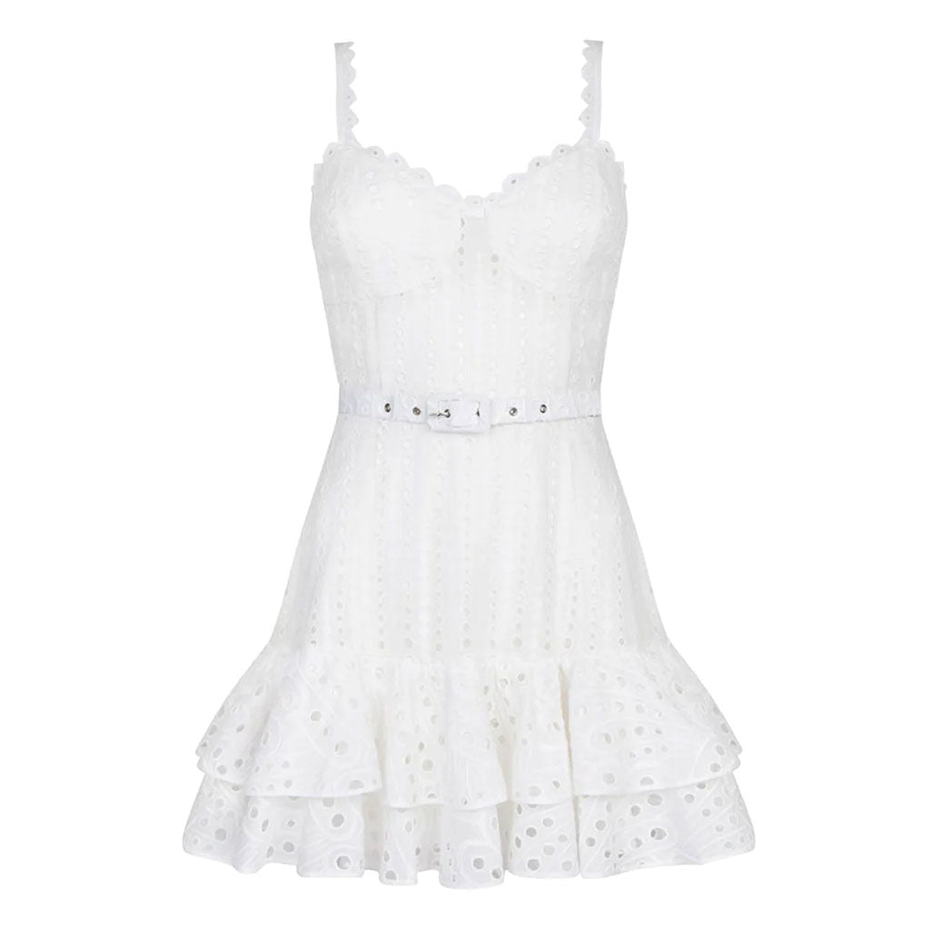 Pretty Scalloped Sweetheart Cami Smocked Belted Tiered Broderie Anglaise Mini SunDress