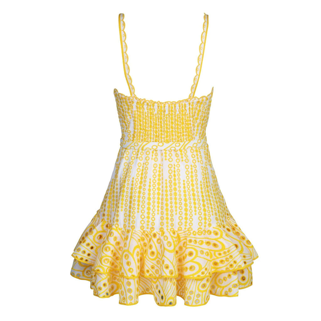 Pretty Scalloped Sweetheart Cami Smocked Belted Tiered Broderie Anglaise Mini SunDress