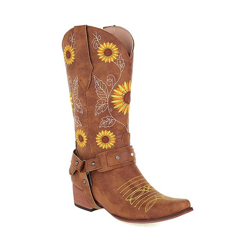 Pretty SunfLower Westernstiefel mit Stickerei und quadratischer Zehenpartie und klobigem Absatz - Braun