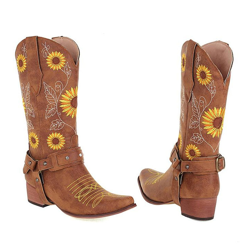 Pretty SunfLower Westernstiefel mit Stickerei und quadratischer Zehenpartie und klobigem Absatz - Braun