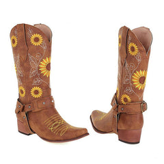 Pretty SunfLower Westernstiefel mit Stickerei und quadratischer Zehenpartie und klobigem Absatz - Braun