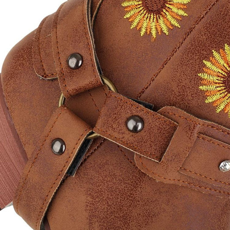 Pretty SunfLower Westernstiefel mit Stickerei und quadratischer Zehenpartie und klobigem Absatz - Braun