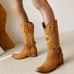 Pretty SunfLower Embroidered Square Toe Chunky Heel Western Boots - YelLow