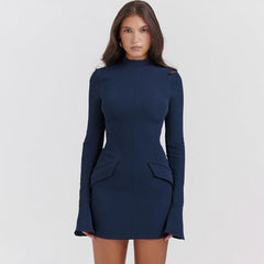 Professional High Neck Flap Trim Solid Bodycon Long Sleeve Party Mini Dress