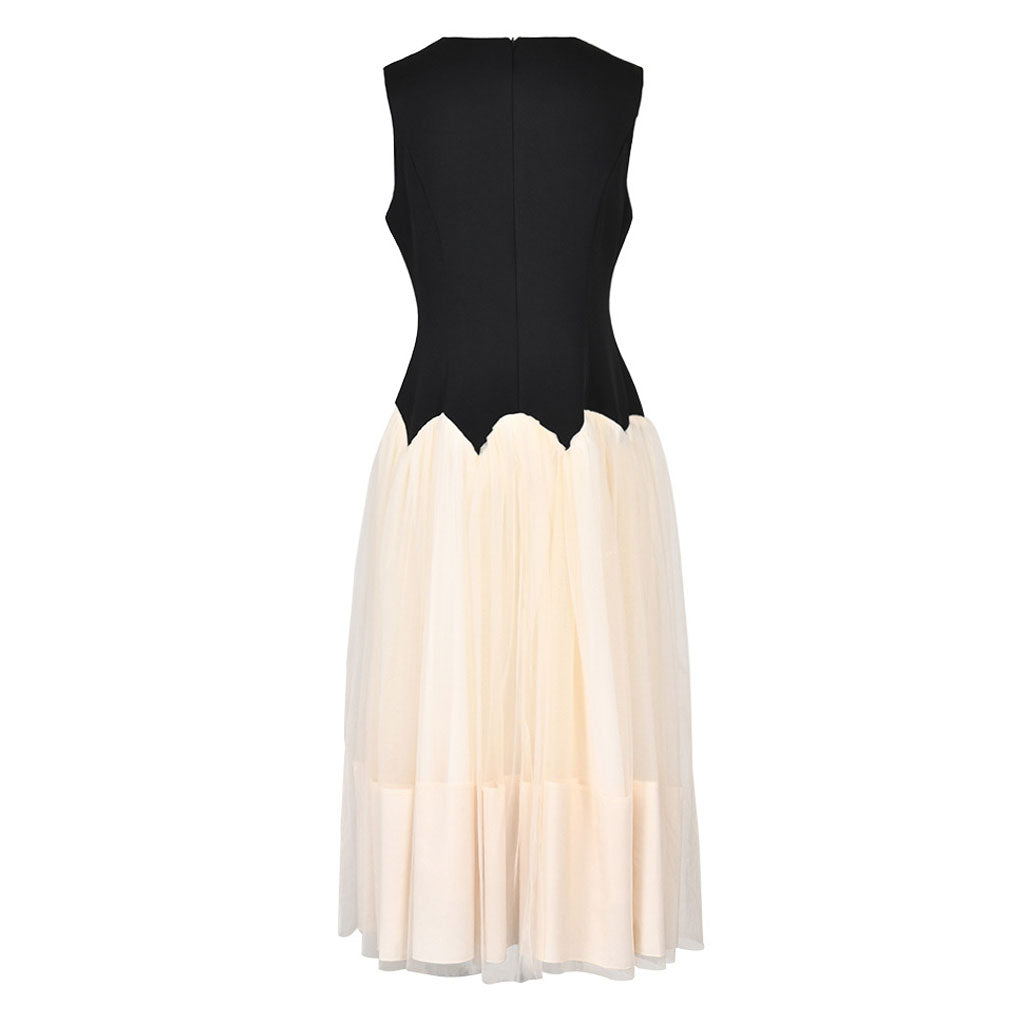 Puffy Crew Neck Contrast Petal Waist Crepe Panel Tulle Midi Sleeveless Dress