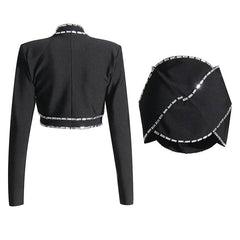 Rebellisches, verziertes Kristallseil-Set mit niedriger Taille und figurbetontem CutOut-Crop-Blazer