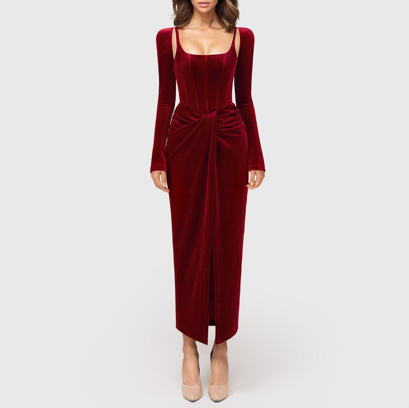 DUNKELROT MIDI-Kleid mit KORSETT-Langarm und VORDERSCHLITZ