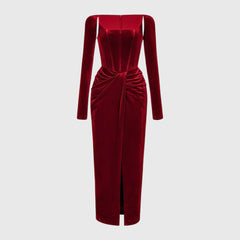 DARK RED MIDI Dress with CORSET Long SleeveS and FRONT SLIT