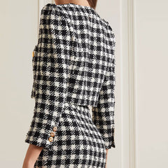 Refine Crewneck Golden Button Houndstooth Tweed Cropped Jacket Matching Set