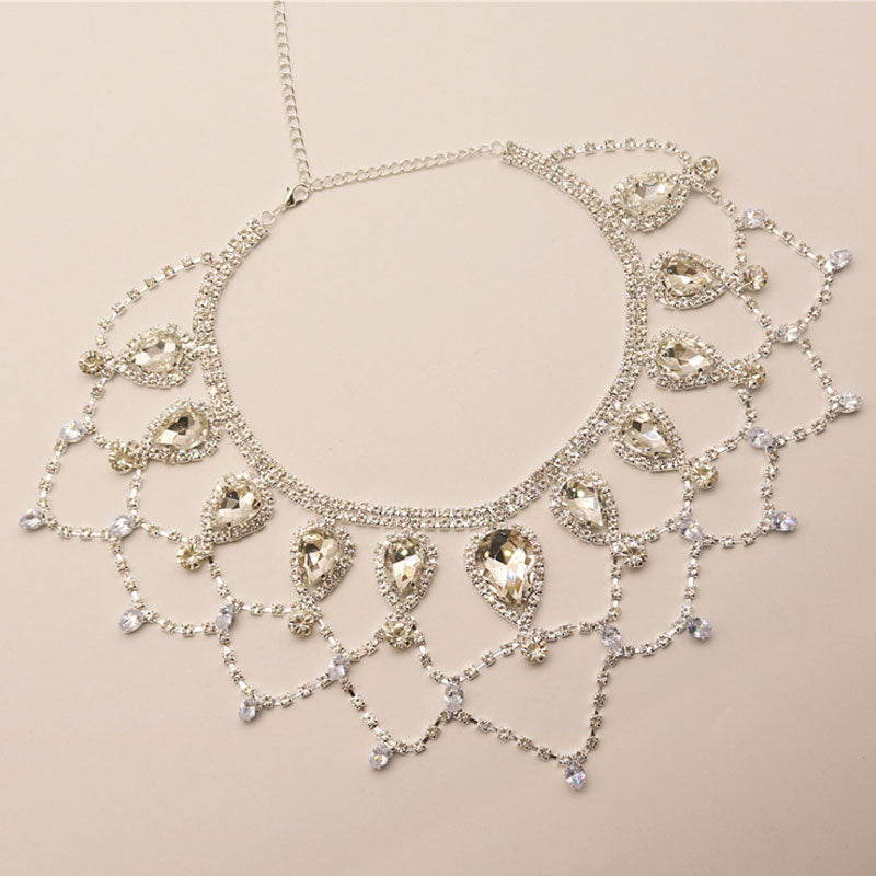 Regal Pear Cut Rhinestone Embellished Pointed Bib NeckLace - Silver