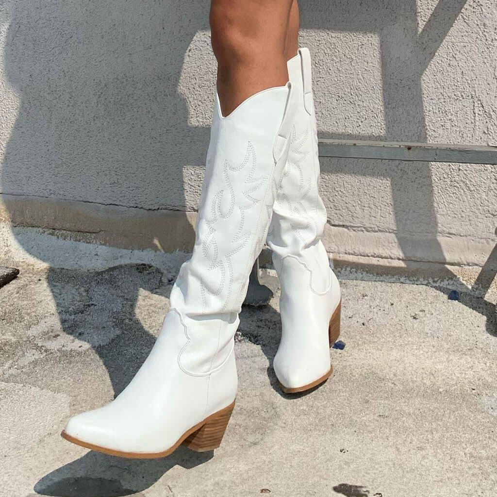 Retro Embroidered Faux Leather Knee High Block Heel Cowboy Boots - White