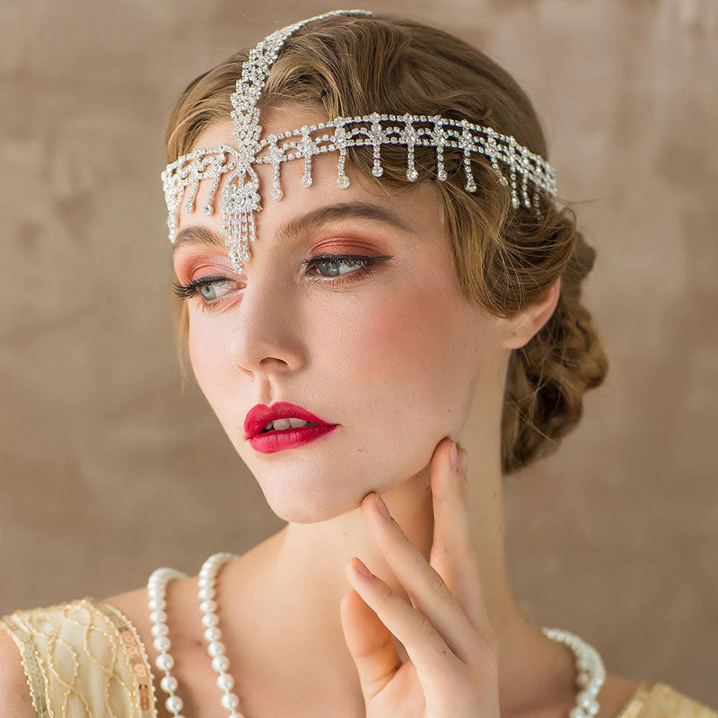 Retro Flapper Strass Verzierte Quaste Kopfkette - Silber