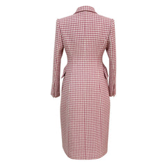 Retro Houndstooth Print Peak Lapel Double Breasted Woolen Tailored Duster Coat