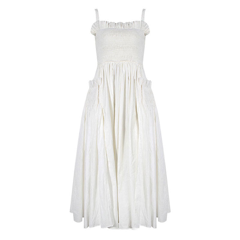 Retro Ruffle Trim Smocked Suspender Strap Fit and Flare Midi Summer SunDress