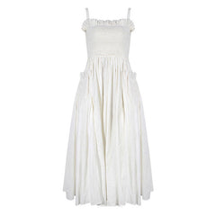 Retro Ruffle Trim Smocked Suspender Strap Fit and Flare Midi Summer SunDress