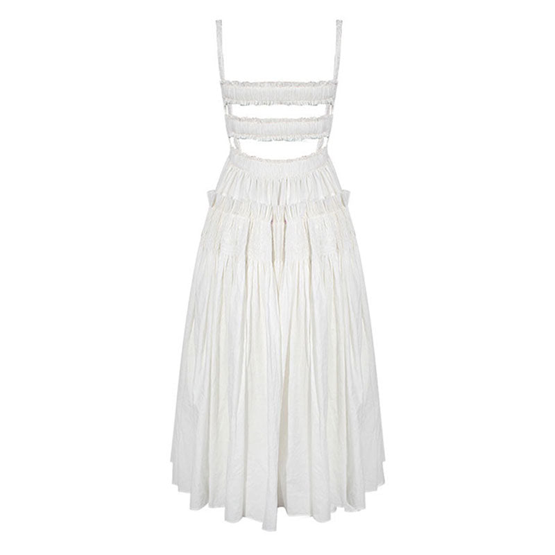 Retro Ruffle Trim Smocked Suspender Strap Fit and Flare Midi Summer SunDress