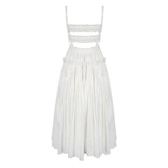 Retro Ruffle Trim Smocked Suspender Strap Fit and Flare Midi Summer SunDress