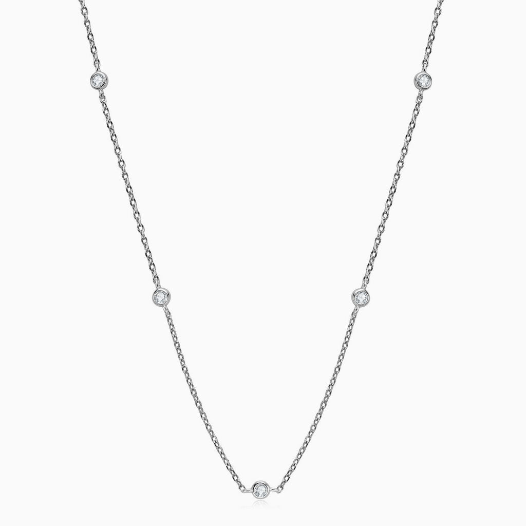 Rolo Chain Rhodium Plated Sterling Silver Moissanite Droplet Station NeckLace