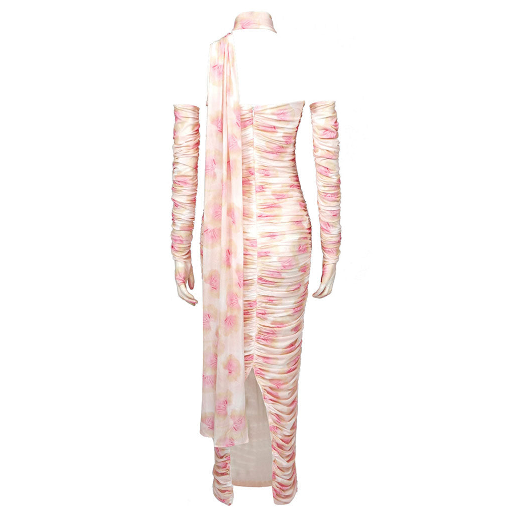 Robe de soirée longue romantique drapée à imprimé floral avec fente, gantée et froncée en maille