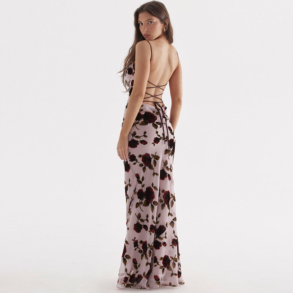 Romantic Floral Print Cowl Neck Cami Lace Up Open Back Maxi Dress