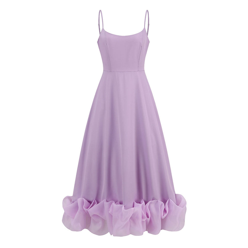 Romantic Scoop Neck Spaghetti Strap Fit and Flare Organza Ruffled Midi SunDress