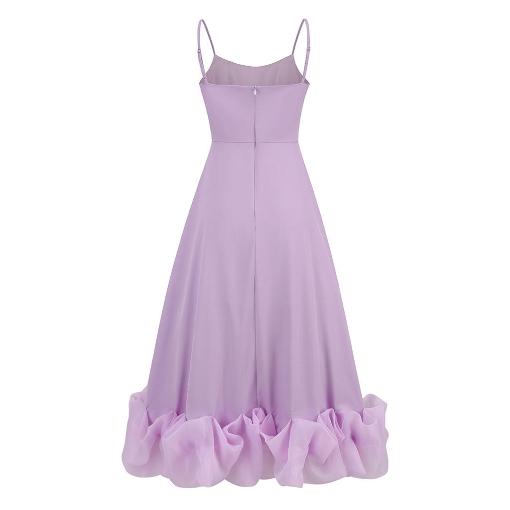 Romantic Scoop Neck Spaghetti Strap Fit and Flare Organza Ruffled Midi SunDress