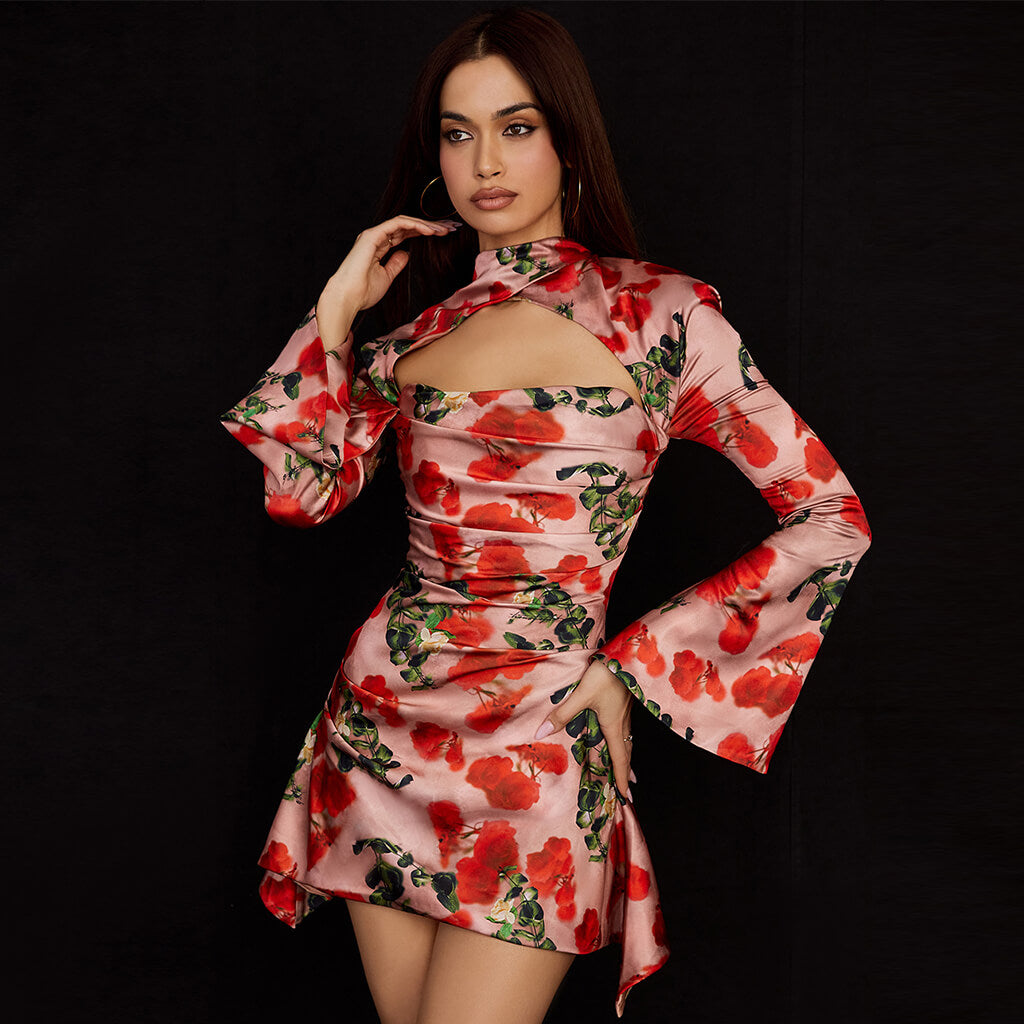 Rose CutOut High Neck Bell Sleeve Pleated Printed Mini Dress - Red