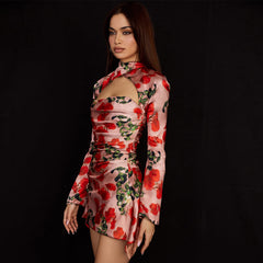 Rose CutOut High Neck Bell Sleeve Pleated Printed Mini Dress - Red