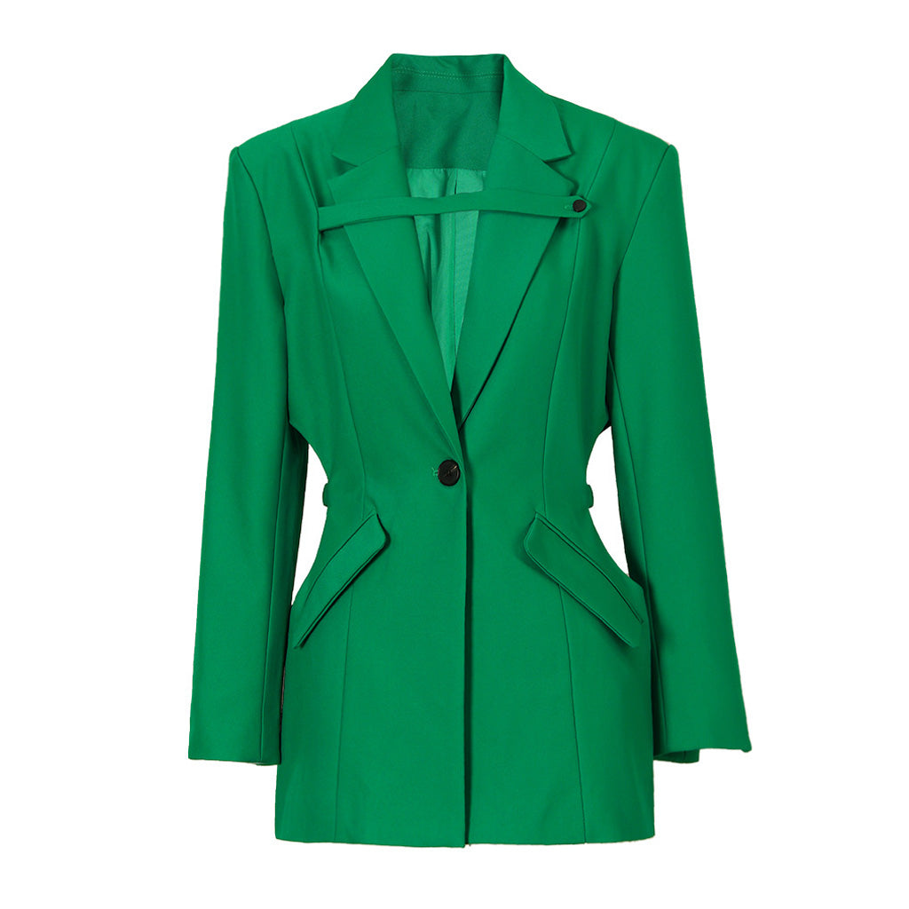 Sassy Banded Waist CutOut Lapel Collar Single Breasted Tailored Blazer