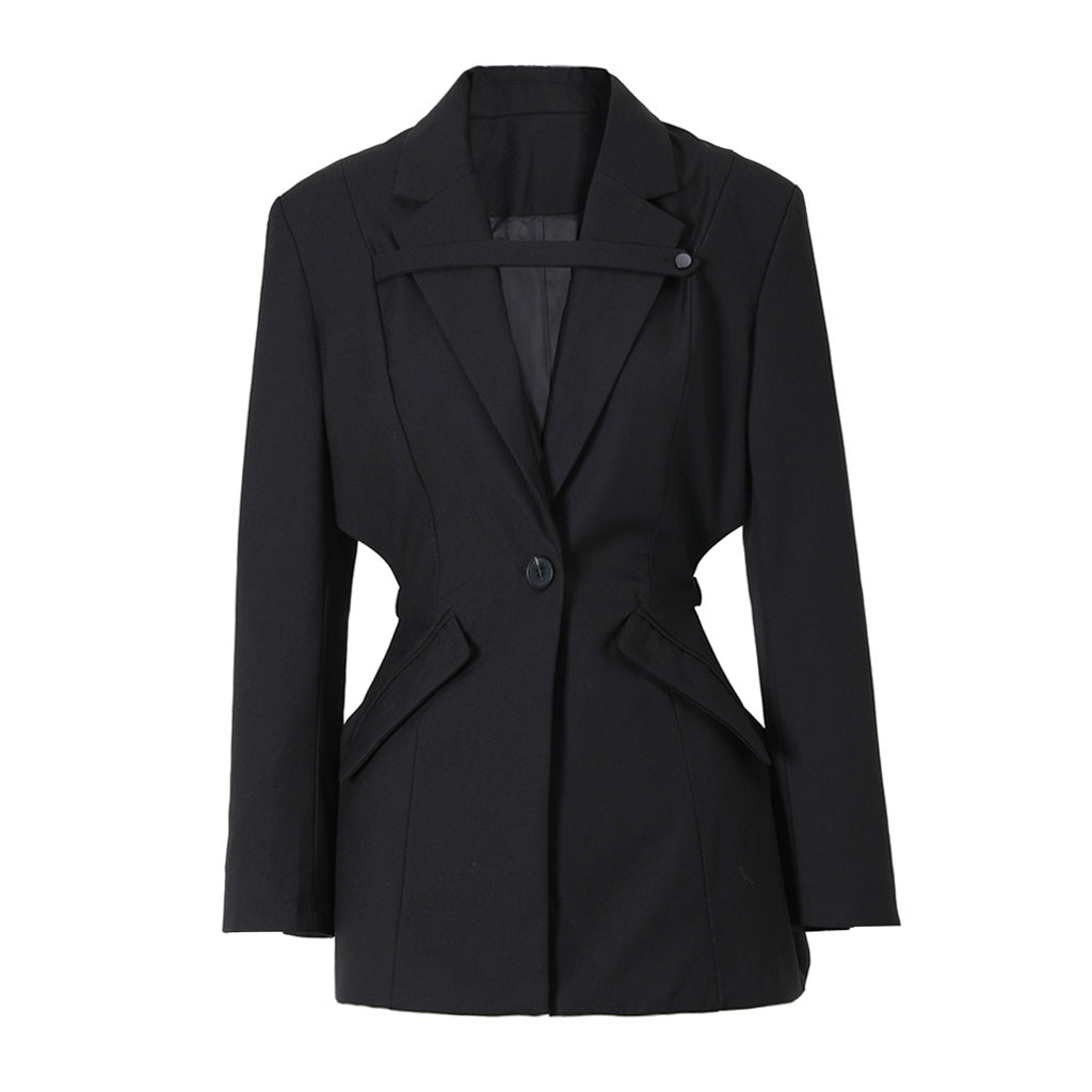 Sassy Banded Waist CutOut Lapel Collar Single Breasted Tailored Blazer