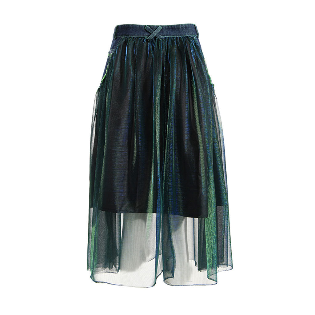 Sassy Belted Frayed Denim Panel Holographic Tiered Tulle Midi Skirt