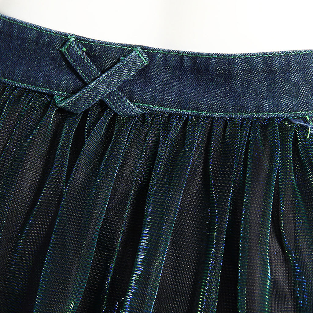 Sassy Belted Frayed Denim Panel Holographic Tiered Tulle Midi Skirt