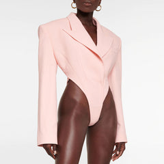 Sassy CutOut Peak Lapel Shoulder Pad Long Sleeve Blazer Bodysuit - Pink