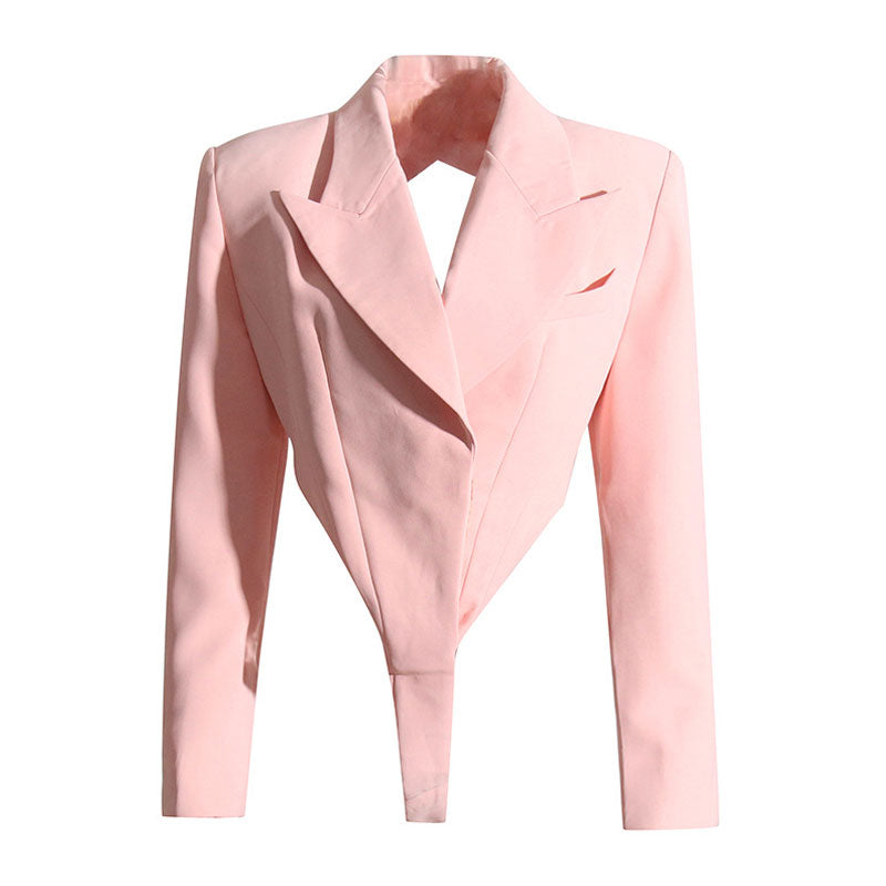 Sassy CutOut Langarm Blazer Bodysuit mit steigendem Revers und Schulterpolstern - Pink